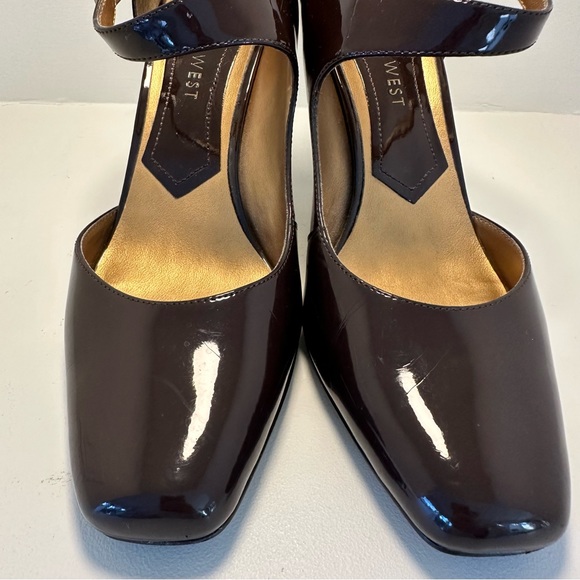 NINE WEST Patent Leather Brown Mary Jane Sandal Heel Ankle Strap Size 8.5 - Picture 3 of 11